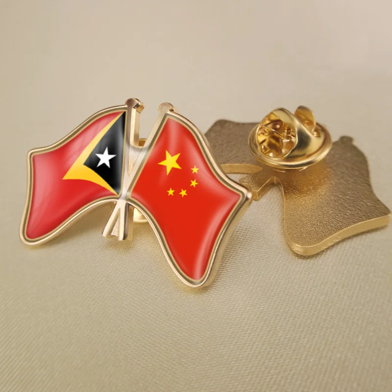 

East Timor and China Crossed Double Friendship Flags Lapel Pins Brooch Badges