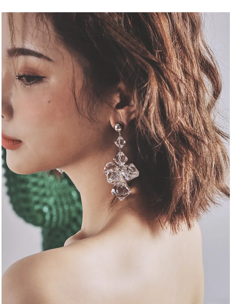 Women's European style Crystal Exaggerated Long Drop Earrings stylish Color transparent acrylic fashionable | Украшения и