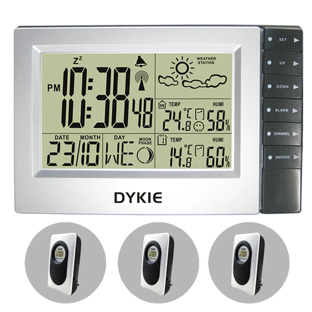 DYKIE радиоуправляемая Беспроводная метеостанция, часы для погоды в помещении, на улице, температура, влажность, 3 передатчика