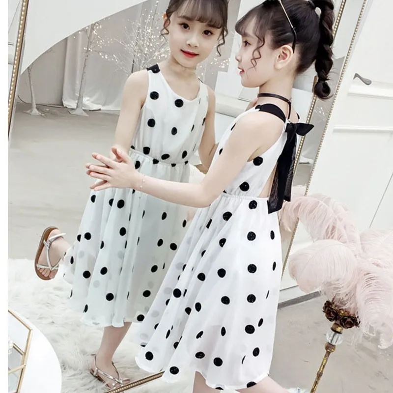 Sleeveless Princess Dress Girl Dot White Holiday Beach Dresses Clothing Backless Chiffon Summer Children Teen For Girls | Детская одежда