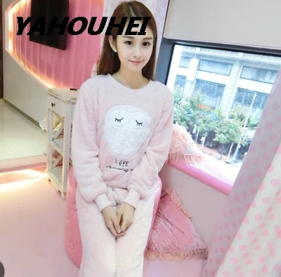 maotouyingrong pink Пижамные комплекты для женщин зимняя модная ночная рубашка домашняя одежда для отдыха женская фланелевая теплая пижама с длинным рукавом комплект ночного белья для девочек - Цвет: maotouyingrong pink