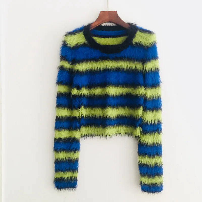 Street Fashion Vintage Furry Knitted Sweaters 2018 Autumn Winter Warm Striped Pullovers Female Long Sleeve Cropped Jumper Tops | Женская