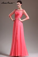 gorgeous o neck long beaded formal womens dress a line 34 sleeve coral chiffon mother of the bride dress
