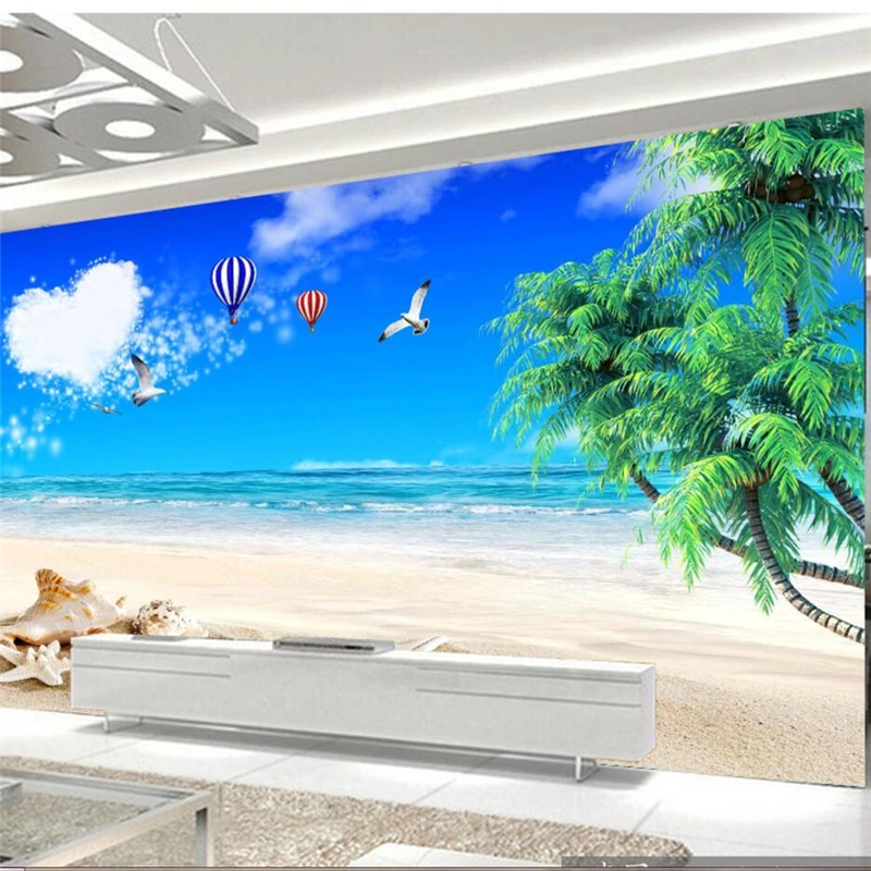 Обои на заказ большие трехмерные фрески 3d голубое небо белые облака кокосовое