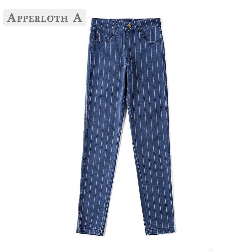 Женские джинсы в синюю полоску эластичные облегающие брюки до щиколотки со