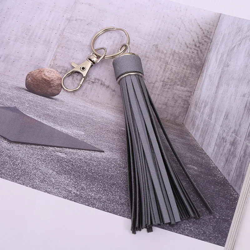 

Korean Reflective Fringe PU leather Tassel Keychains Rhodium Key Holder Metal Key Chain Keyring Charm Bag Auto Car key ring