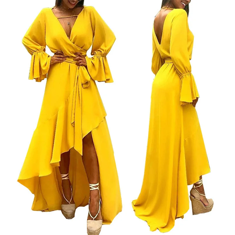 Женское облегающее платье с v-образным вырезом и длинным рукавом желтое для