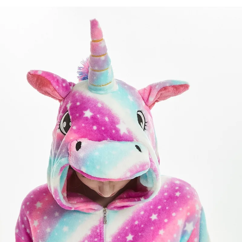Glaxy Единорог кигуруми зима розовый полосатый Onesie для взрослых женщин мультфильм