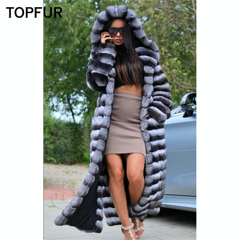 Женская Шуба с капюшоном TOPFUR Длинная зимняя шуба из меха Рекс и кроличьего |