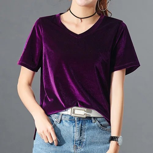 Lilac Purple Бархатная женская футболка с коротким рукавом, сексуальные летние укороченные топы, тонкие базовые повседневные женские футболки с v-образным вырезом, женские топы, футболки, TATARIA - Цвет: Lilac Purple