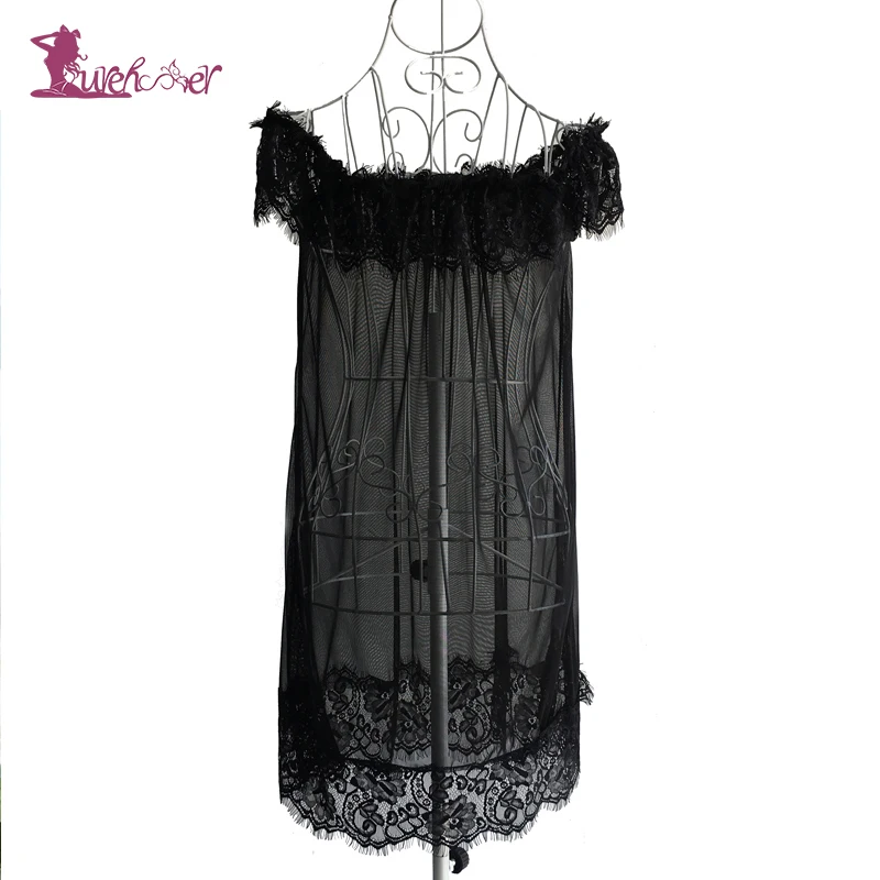 

Lurehooker 2017 Sexy Lingerie Hot White Black Perspective Lace Gauze Babydoll Bare Shoulder Transparent Sleep Dress +T-thongs