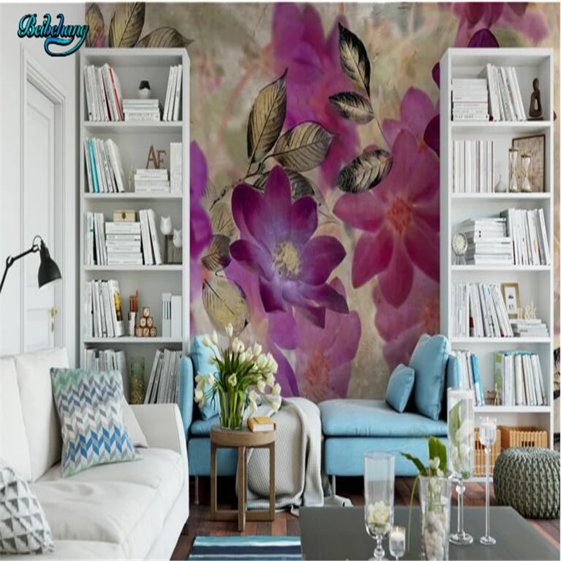

beibehang Custom Non-woven Wallpaper Mural European Retro Nostalgic Hand-painted Purple Flower Oil Painting Background Wall