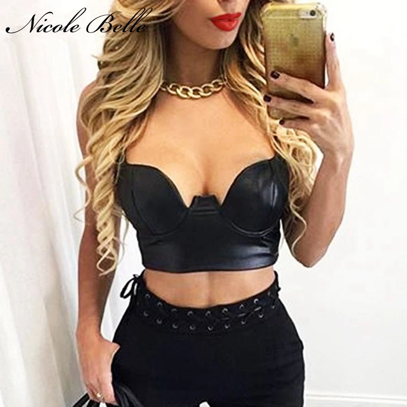 Женский укороченный топ NICOLE BELLE элегантный из искусственной кожи с v-образным
