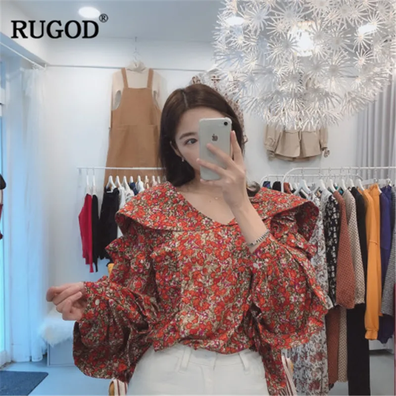 RUGOD 2019 Floral print women blouses v neck flare sleeves loose bohemian style sweet korean spring tops and |
