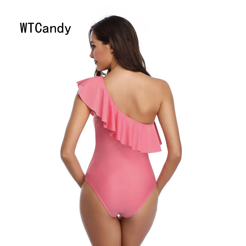 WTCandy сексуальный цельный купальник с одним плечом женский оборками однотонный