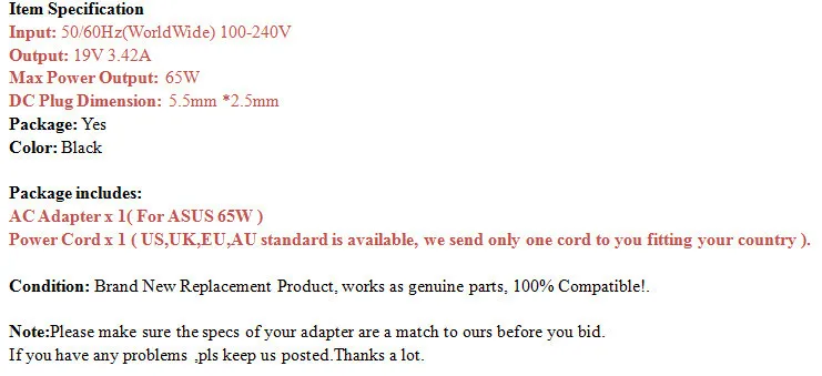 AC Мощность адаптер Зарядное устройство для ASUS X53U-XR1 X53U-XR2 X53U-Rh11 X53U-Rh21 K52F-EX961V K60i U52F-BBL5 ноутбук Зарядное устройство разъем 19V 3.42A