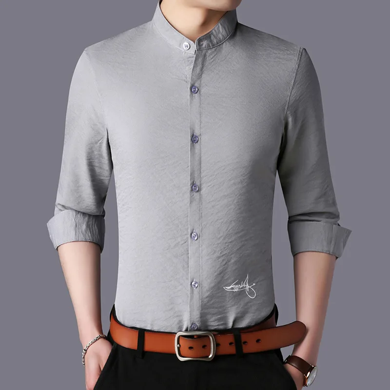 Fashion 2018 Men's Shirt Blue Long Sleeve White Slim Fit Business Form-fitting Mandarin Collar Shirts Cheap Clothes China | Мужская