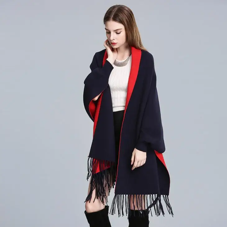 navyblue red Зимние женские шарфы длинная шаль Толстая теплая кисточка кашемировое одеяло пончо Твердые роскошные женские шарф накидка с рукавами - Цвет: navyblue red