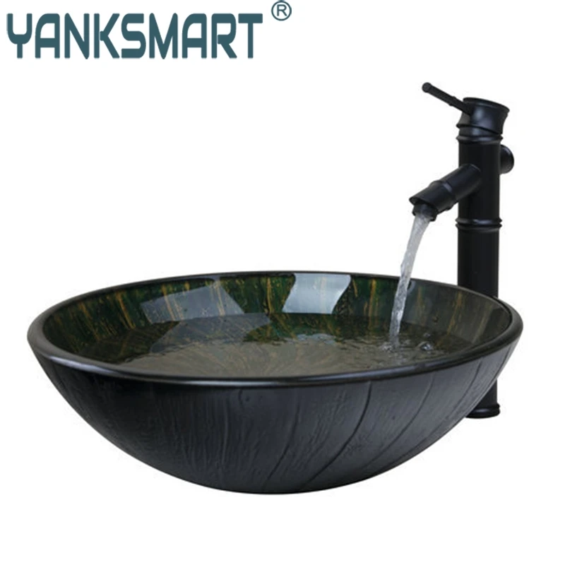 

Bamboo Oil Black Tap+Bathroom Sink Washbasin Glass Hand-Painted 42798647-2 Bath Combine Brass Set Faucet,Mixer Tap