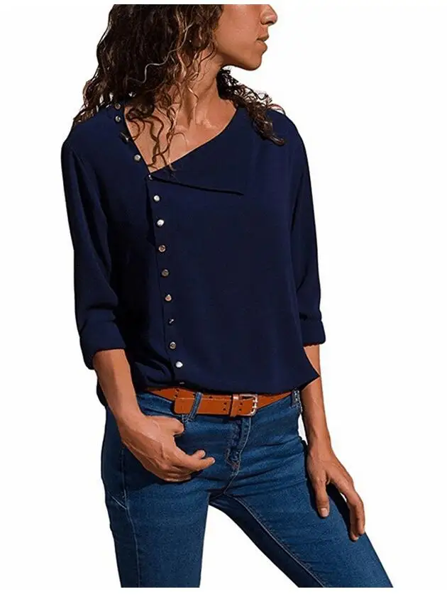 2018 Summer Button Irregular Blouse women Fashion Long Sleeve Oblique collar Shirt Female Elegant autumn Casual office Tops |
