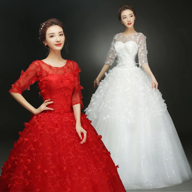 

2017 new stock plus size women pregnant bridal gown wedding dress ball gown half sleeve sexy flowers red white long romantic 25