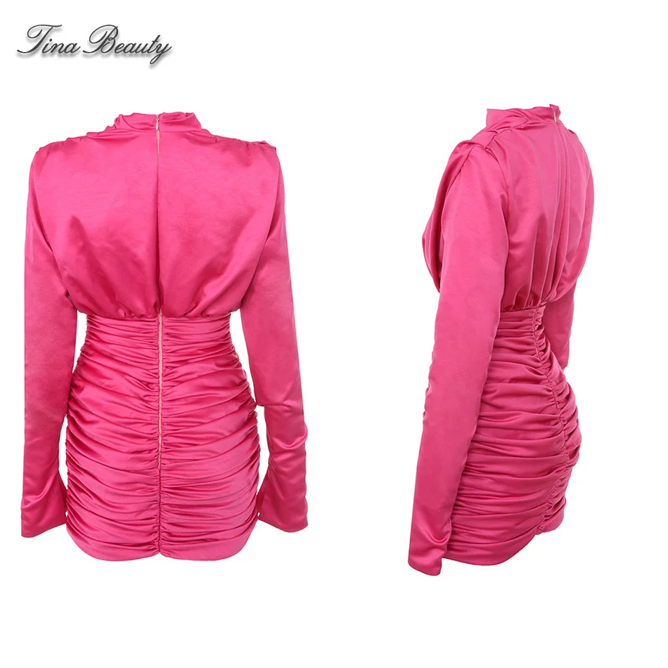 

Satin Elegance Ruched Solid Bodycon Mini Dress Plus Size Pleated Sheath Party Dress High Neck Long Sleeve Women Dresses Vestidos