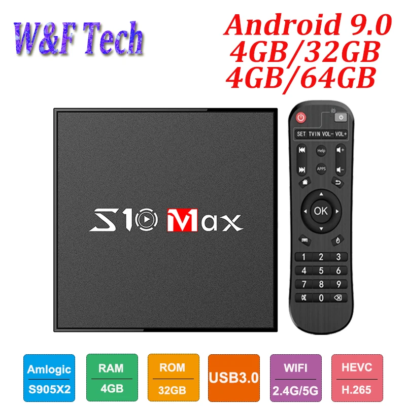S10 MAX 4 ГБ 32 Android 9 0 Смарт ТВ приставка Amlogic S905X2 четырехъядерный медиаплеер