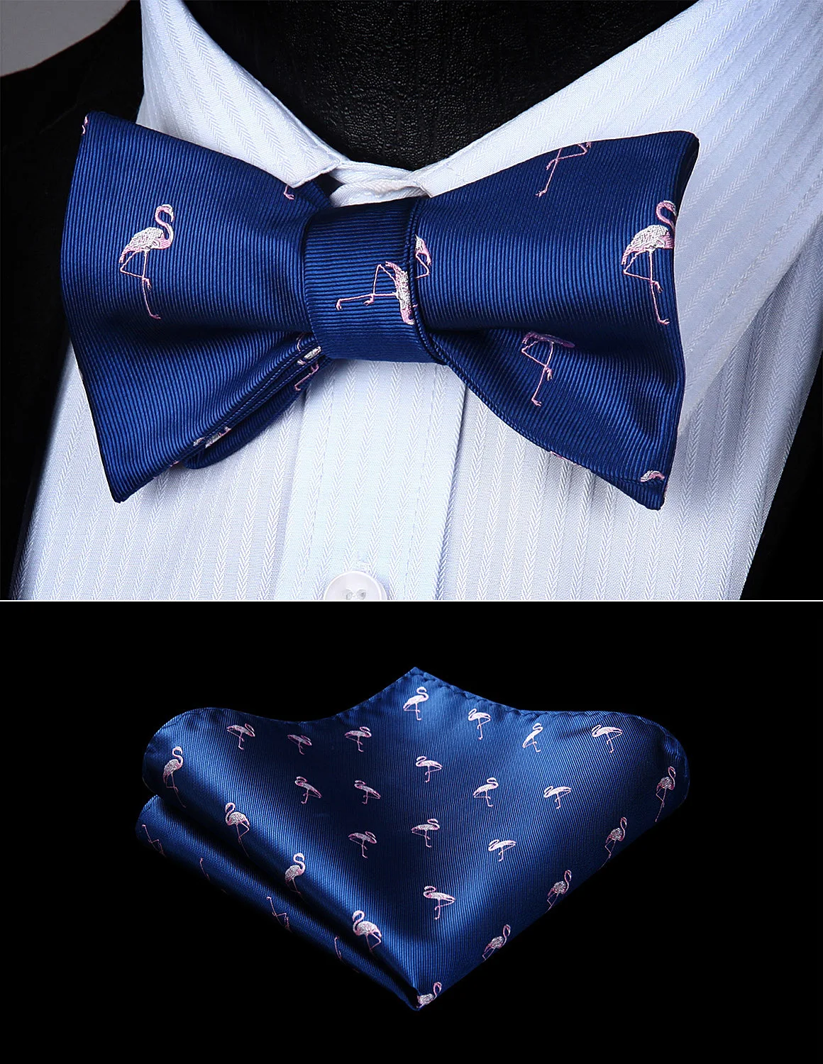 Men Woven Self Bow Tie Blue Pink Flamingos Animal Pocket Square Set#BGA09VS handkerchief set | Аксессуары для одежды