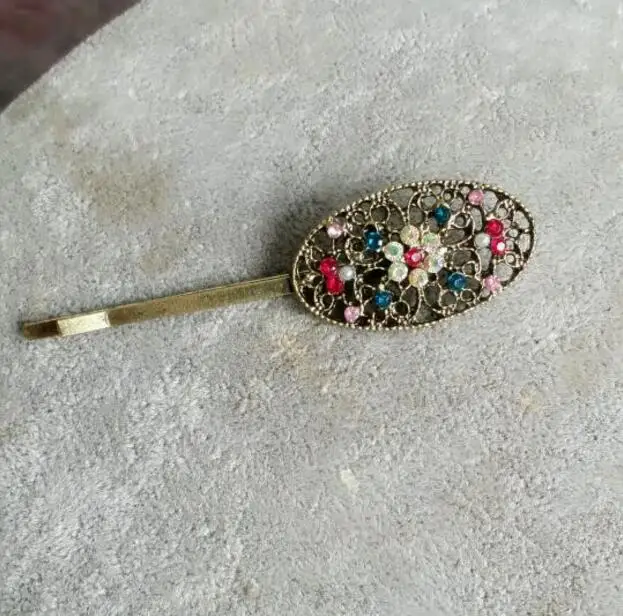TS019 European and American jewelry Vintage Multicolor crystal alloy oval hollow flower clip hair side Female charm Jewelry | Украшения и
