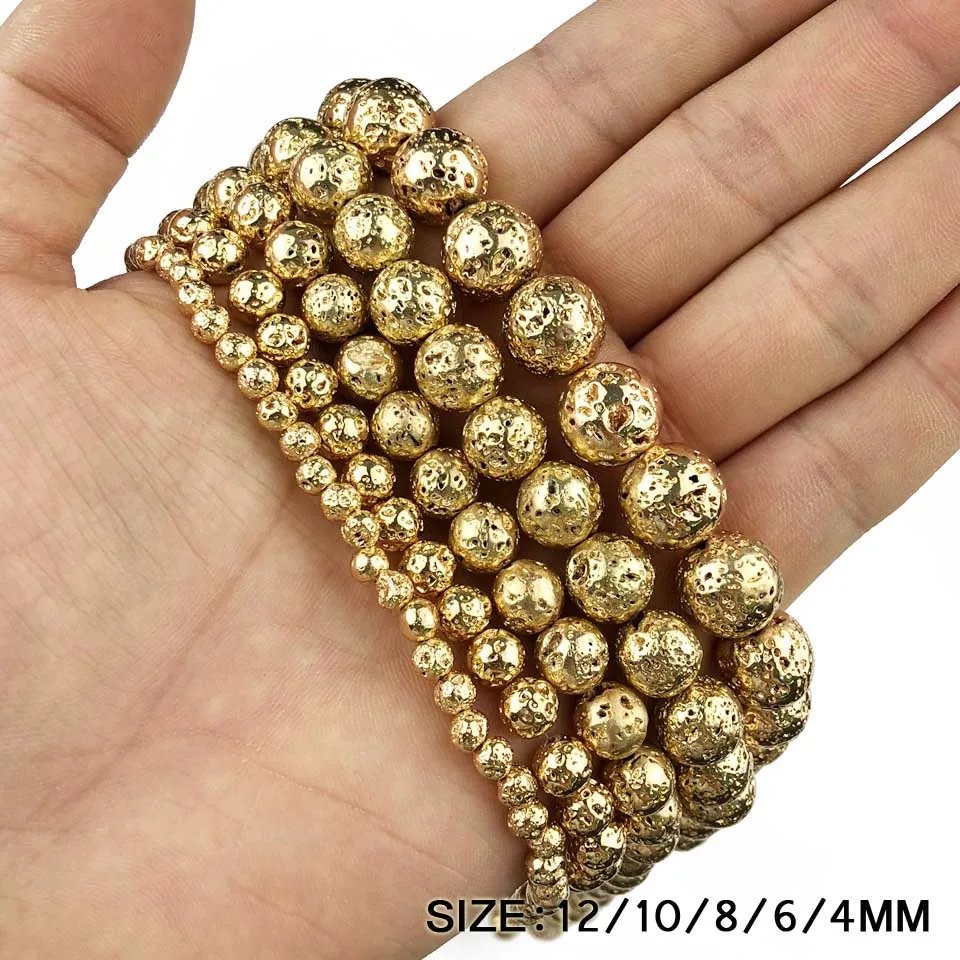 14K Gold Plated JHNBY серебряный, черный, серьги из розового золота с натуральным вулканического камня Hematit 4/6/8/10/12 мм круглые бусины для изготовления ювелирных изделий браслет и ожерелье ювелирных изделий DIY - Цвет: 14K Gold Plated