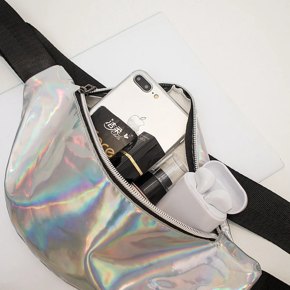 Laser Waist Packs Bags Women Pure Color Fanny Pack Female Belt Bag Black PVC Waist Packs Laser Chest Phone Pouch