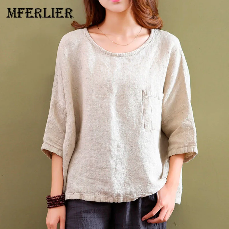Женские топы и блузки с рукавом летучая мышь льняная блузка круглым вырезом