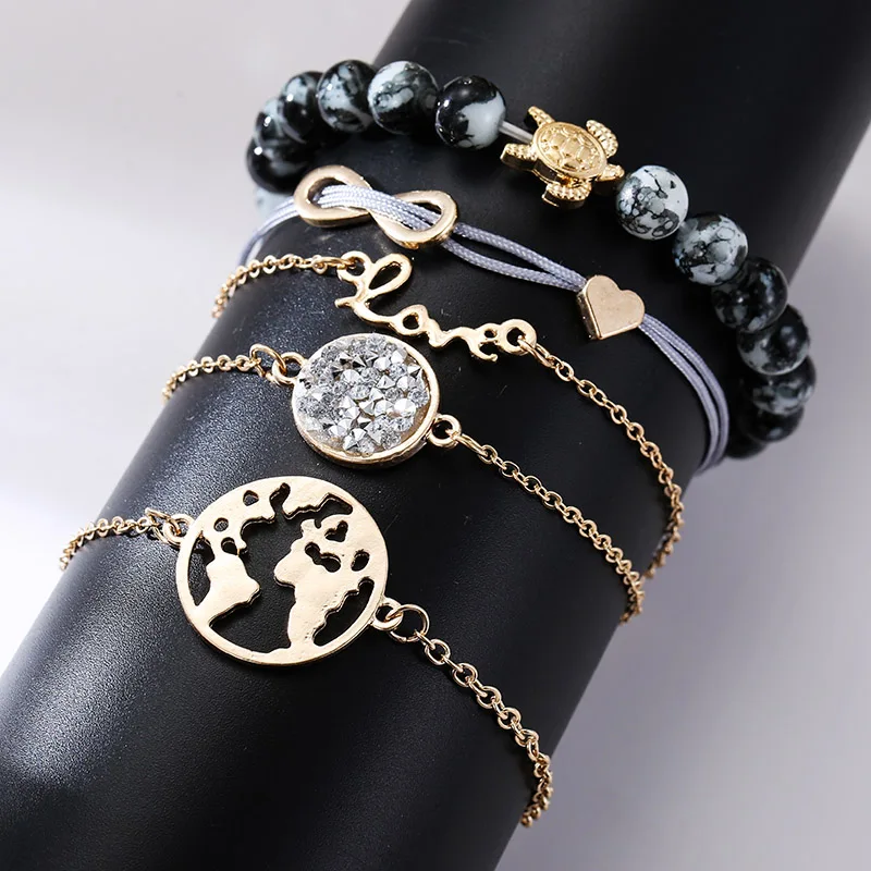 5 Pcs/set Boho Fashion Gold Chain Map Love Letter Pendant Charm Bracelets Set For Women 2019 Trendy Natural Marble Bead Bracelet | Украшения