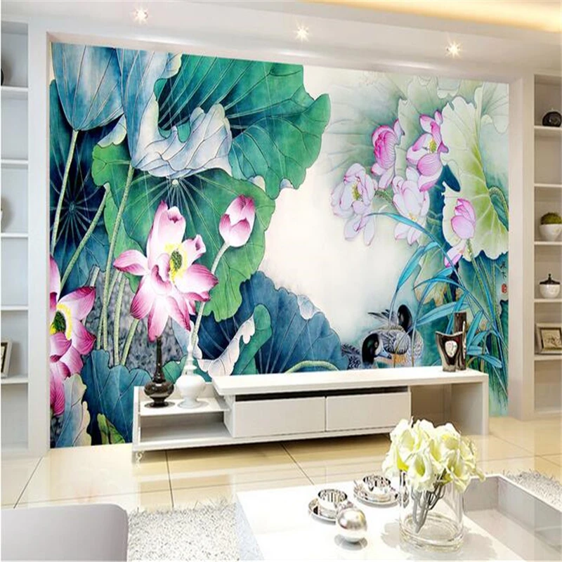 beibehang custom mural non-woven 3d room wallpaper sticker Ink painting lotus mandarin duck photo wall murals | Обустройство дома