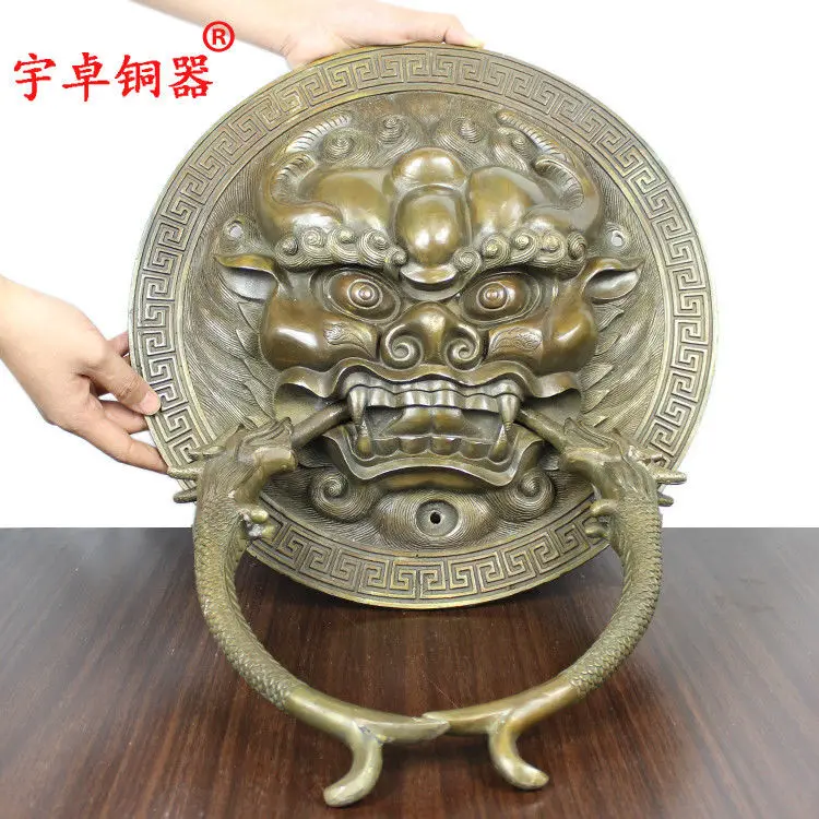 21 ''Китай Чисто Медь фэншуй молоток Лев Двери Бронзовая Статуя Пара|Статуи и