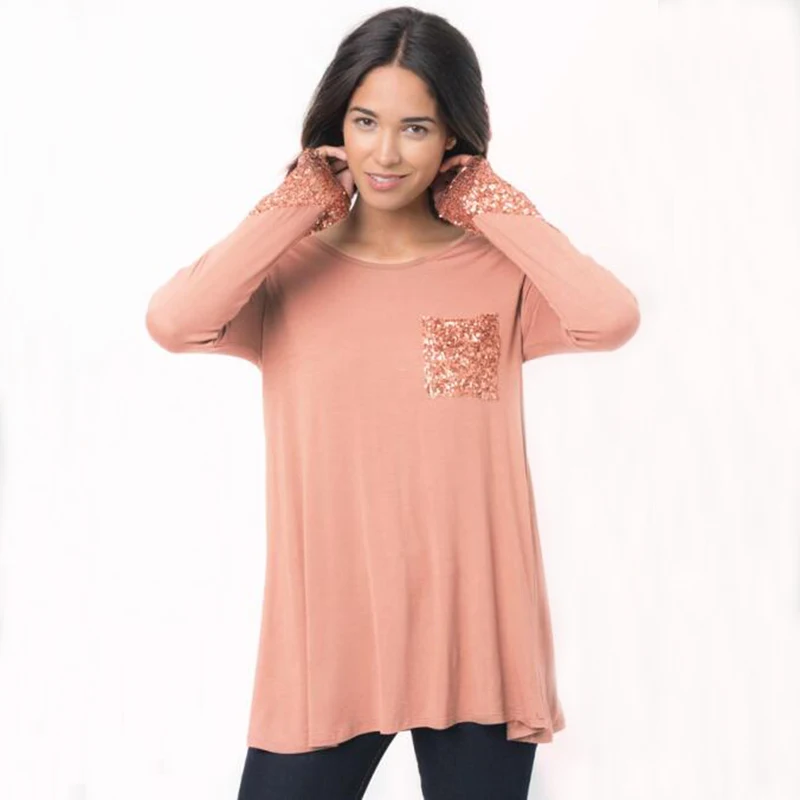 Новые осенние Для женщин карманов блесток футболки Мода хлопок женский с длинным