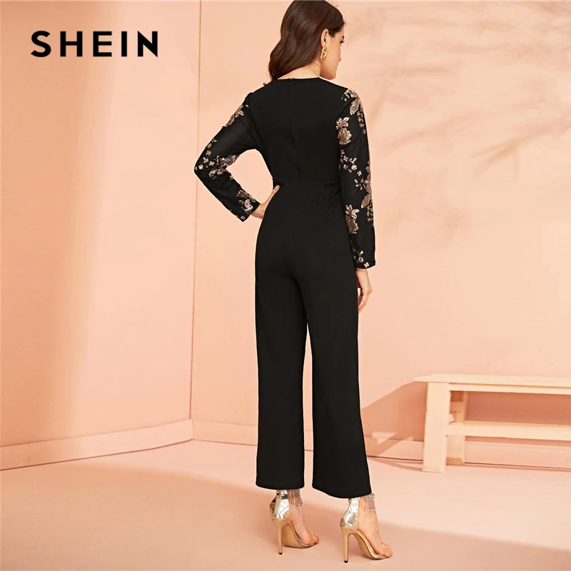 SHEIN комбинезон с широкими штанинами и блестками, черный элегантный комбинезон с длинными рукавами и v-образным вырезом, весенне-Осенние Комбинезоны с широкими штанинами