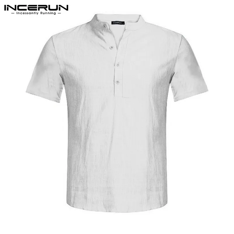 INCERUN, летняя мода, мужская рубашка, хлопок, воротник Хенли, уличная,, короткий рукав, тонкая, подходит для социальных мероприятий, рубашка для мужчин, Camisa 5XL