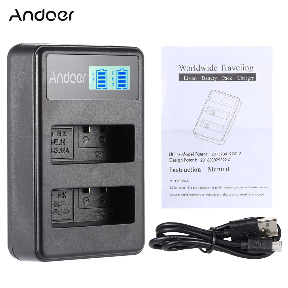 Andoer EN EL14 2 слотное литий ионное зарядное устройство светодиодный дисплей с usb