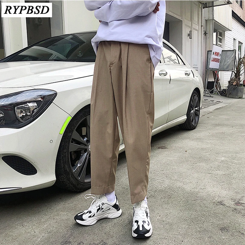 

New 2019 Spring Solid Color Korean Fashion Wide Leg Pants Straight Casual Trousers Pants Men Ankle-Length Pants 2 Colors