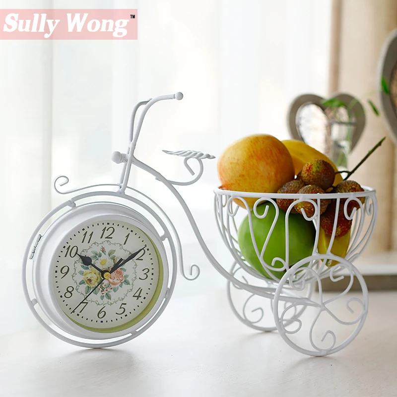 Sullywong Бесплатная Доставка Винтаж Утюг велосипед с корзиной настольные часы Тихая