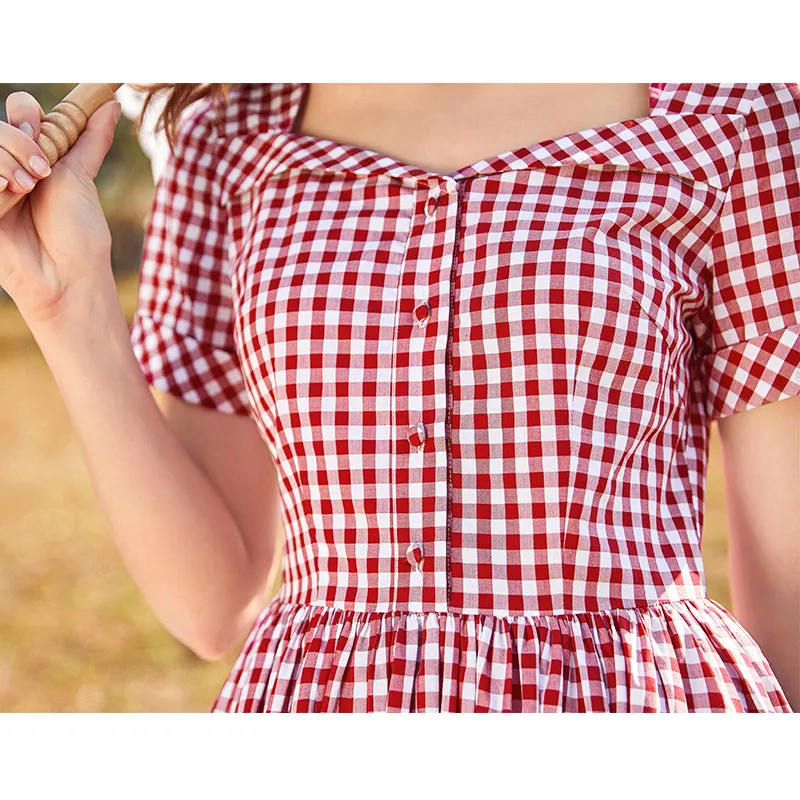 Женское Хлопковое платье в клетку ARTKA красное винтажное с коротким рукавом