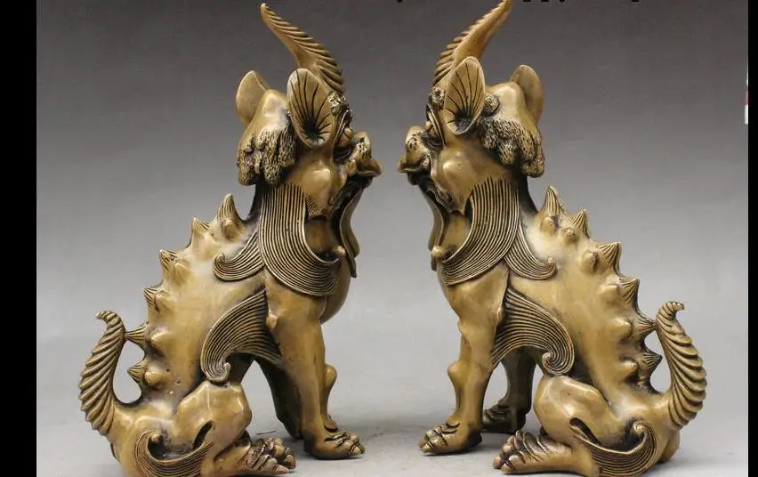 WBY 17017+++11" Chinese Bronze Evil kylin Kirin Pixiu Brave Troops Unicorn Beast Pair Statue | Дом и сад