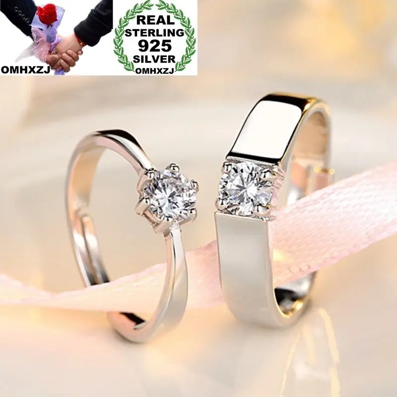 OMHXZJ Wholesale European Fashion Woman Man Party Wedding Gift Simple White Lovers AAA Zircon 925 Sterling Silver Ring Set RR239 | Украшения