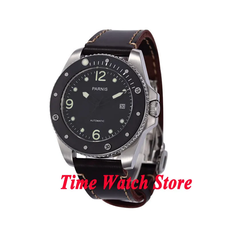 

Parnis 43mm MIYOTA 821A black dial sapphire glass ceramic bezel deployant clasp 10ATM Automatic mens watch 390