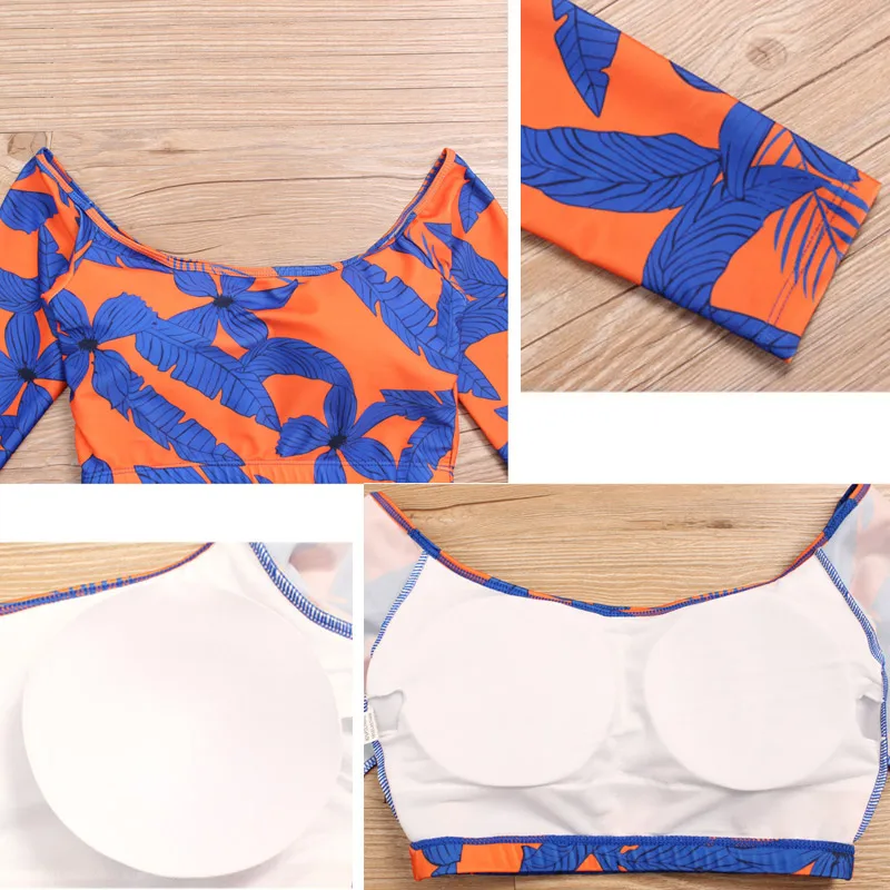 Long Sleeve Off Shoulder Bikini Bandeau Leaf Print Bathing Suit Tank Backless Swimsuit Flower Printed Set Floral Swimwear |