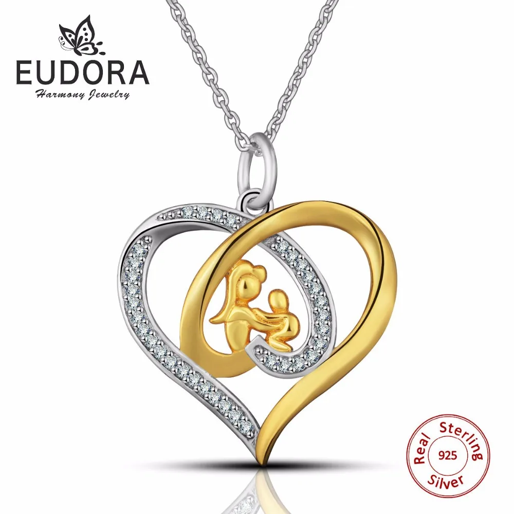 

Eudora Genuine 925 Sterling Silver Mom Jewelry Crystal Heart Pendant Necklace Gold Color Mother and Child Jewelry Love Necklace