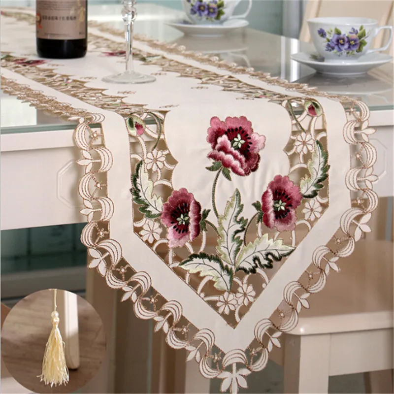 

Elegant Polyester Embroidery Table Runner Handmade Embroidered Flower Floral Cutwork Simple Home Table Cloth Covers Runners