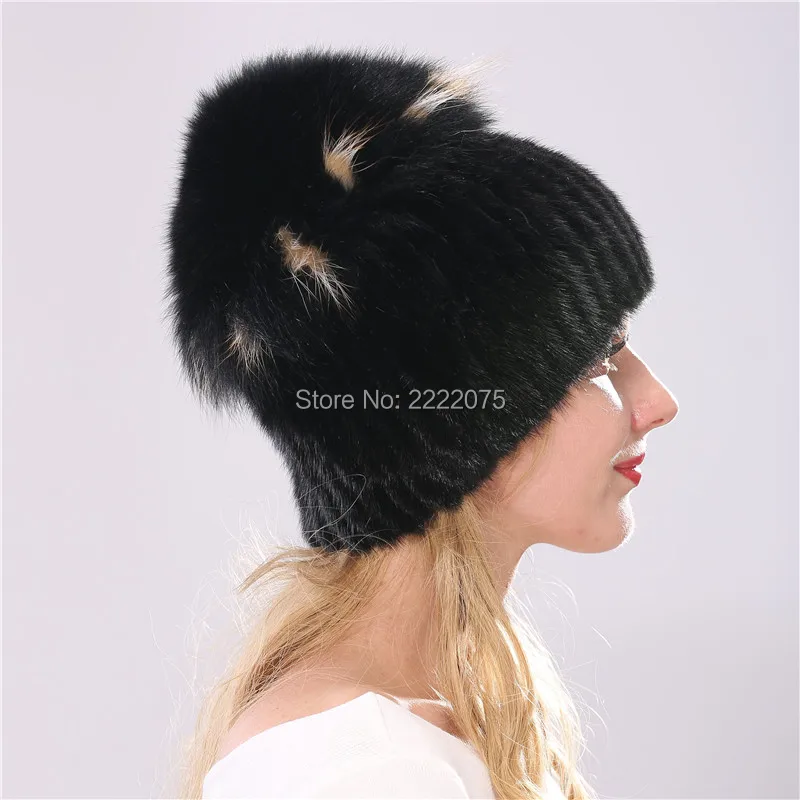 

Warm fashionable real mink weave hat head with large fox hair ball