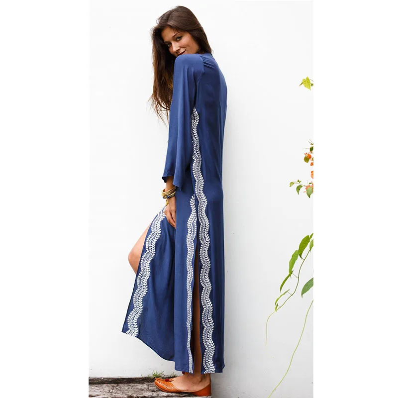 Casual Female Dresses Embroidered Split fork Loose Maxi For Women Beach Wear large size blouse Dress Beachwear Kaftans | Женская одежда